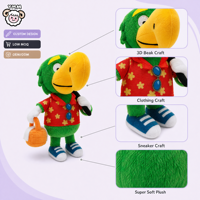 Peluche personnalisée : Perroquet vert en peluche pour enfants, jouet en peluche oiseau de dessin animé avec chemise hawaïenne, vêtements pour peluches