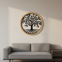 Cadre en bois rond élégant avec motif de sculpture au laser de luxe décoration murale en métal pour salon décor à la maison