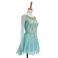 Robe de patinage artistique vert menthe pour enfants et adultes, col rond, manches longues en maille, dos en V orné de strass, pour compétition et spectacle
