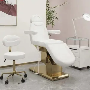 Cama de masaje con Base dorada de lujo, salón de belleza, muebles de Spa de 3 motores, tratamiento Facial de pestañas, terapia Facial cosmética, cama de belleza