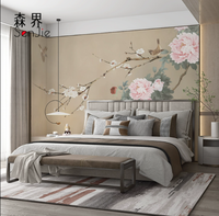 DaVin Wallpaper Dinding Tanpa Sambungan Motif Bunga Peony Klasik Cina Baru, Anti Air, Anti Statis, Lukisan Tangan, Mudah Dipasang Sendiri