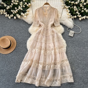 Robes longues à la mode pour femmes, à col à revers, manches courtes, taille haute, patchwork, avec lacets - Product Image 5