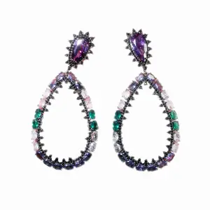 Anting-anting tren wanita anting-anting menjuntai panjang perhiasan CZ kristal Oval multiwarna berlapis emas hitam zirkon kristal