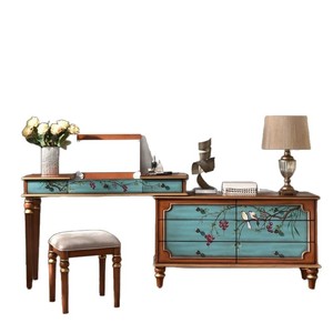 Retro <b>Dressing</b> <b>Table</b> With Mirror And Stool Green Painted Wood Makeup <b>Vanity</b> Desk Combination For Bedroom Adult Use - Product Image 5