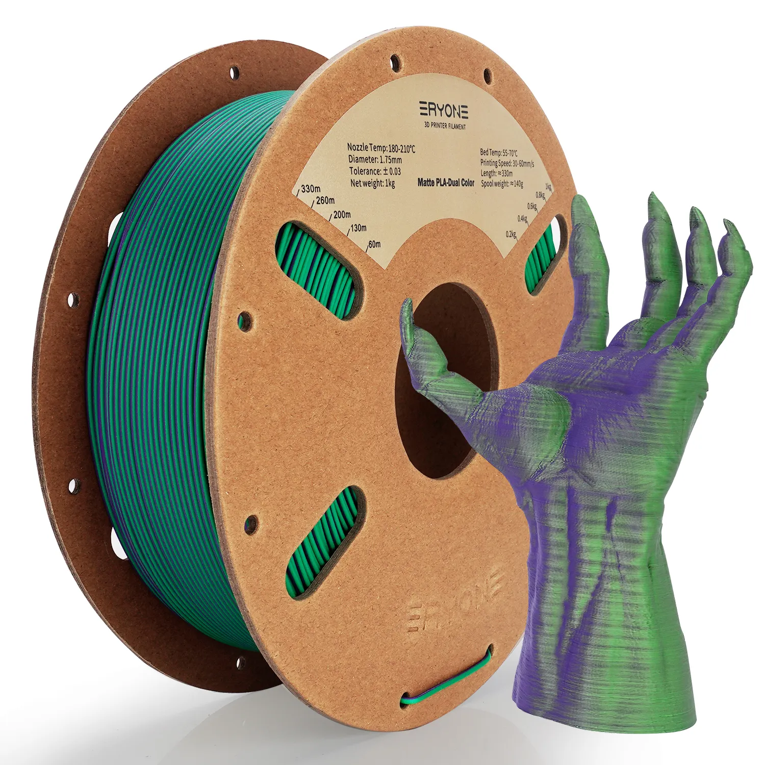 ERYONE Dual Co-extrusion PLA Matte PLA Green & Purple Filament for 3d printing 1.75mm 1kg Cardboard Spool Anti Scratch