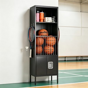 Armoire de rangement haute en <span class=keywords><strong>métal</strong></span> noir pour équipement sportif, <span class=keywords><strong>casier</strong></span> verrouillable avec étagères ouvertes, cage à ballons pour salle de sport et maison - Product Image 1
