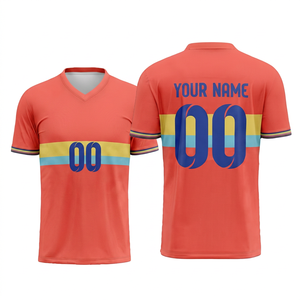 เสื้อฟุตบอลสีแดงคอรัลพิมพ์ลายแบบซับลิเมชั่นสำหรับผู้ชาย เนื้อผ้าสแปนเด็กซ์/ไนลอนตาข่าย ระบายอากาศได้ดี แห้งเร็ว ซึมซับเหงื่อ แบบสั้น - Product Image 1