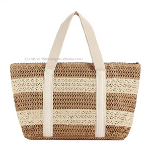 Generation New Paper Rope Striped Two-color Woven Zipper Soft Large Capacity Urban Simplicity <b>Work</b> Daily Women's <b>Bag</b> Tanjing - Product Image 1