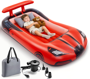 Red Race Car Shaped Kids <b>Inflatable</b> Travel Bed with Safety Rails for Toddlers Camping Home - Product Image 1