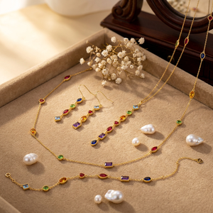Ensemble de bijoux plaqué or avec zircon, collier, boucles d'oreilles, bracelet, pierres précieuses colorées serties dans un cadre, bijoux fins pour femmes - Product Image 1