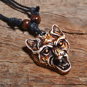Collana da uomo FX004 in stile punk vintage con ciondolo a testa di <span class=keywords><strong>lupo</strong></span>, gioiello retrò con ciondolo, amuleto in finta osso di yak, regalo per feste - Product Image 3