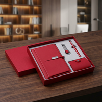 Ensemble cadeau d'affaires 4-en-1 de luxe en cuir rouge avec carnet A5 à feuilles mobiles, stylo, porte-clés et porte-cartes, personnalisable avec logo