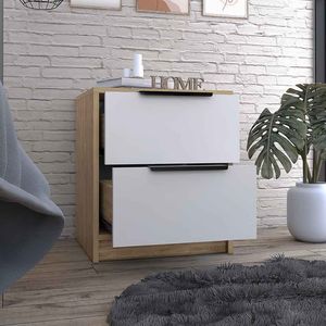 Mesita de noche/gabinete de madera maciza moderna DB, acabado blanco/Pino, dos cajones con manija de metal para uso en apartamentos - Product Image 1