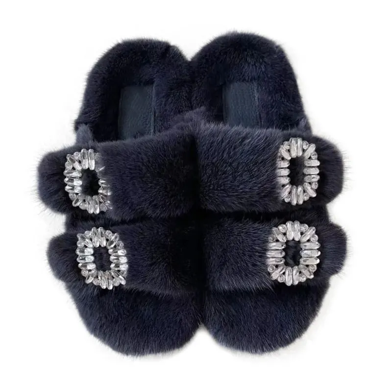 Luxe Slippers Vrouwen Met Bont Huis Slides Indoor Slippers Echte Nerts Diamant Gesp Volwassen Pluche Sandaal