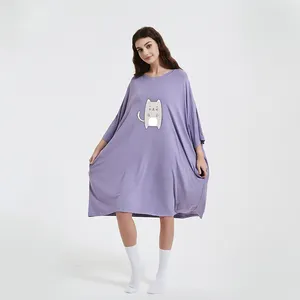 2023 Customized Summer Pure Solid Fiber Bamboo Large Pajamas Sleep Tee Wear Long Sleeping Dress For Woman