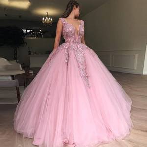 Abito da Sera Rosa su Misura per Ragazze, Scollo a V, Applicazioni in Tulle e Perline, Vestito da Cerimonia Lungo - Product Image 2