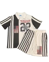 Conjunto de 2 Piezas de Baloncesto Casual de Verano para Hombre, 100% Algodón Tejido Transpirable, Camiseta Polo con Estampado Digital de Bandera Americana a Rayas, Elástica
