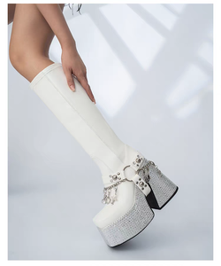 Bottes montantes tendance coréennes pour <span class=keywords><strong>femme</strong></span>, en cuir véritable, à plateforme, antidérapantes, respirantes, avec cristaux - Product Image 5