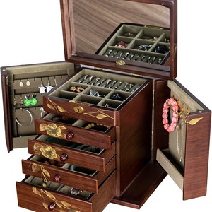 <b>Vintage</b> Solid Wood Jewelry <b>Box</b> With Lock And Mirror Large Capacity Display Storage Organizer For Desktop Use - Product Image 1