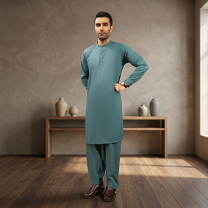 Ensemble Kurta Salwar en coton vert sarcelle pour homme, coupe régulière, longueur cheville, style traditionnel décontracté Inde Pakistan, infroissable - Product Image 1
