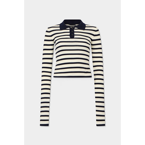 Pull court à rayures pour femme, style minimaliste preppy, coupe ajustée, manches longues, idéal pour les pique-niques du week-end - Product Image 1