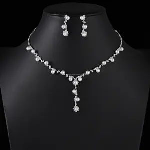 Pearl full diamond chain bridal jewelry wedding dress accessories earring and necklace set for women