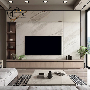Meuble <span class=keywords><strong>TV</strong></span> mural de luxe moderne <span class=keywords><strong>avec</strong></span> rangement, design de panneau personnalisé, élégant, en bois, pour salon - Product Image 6