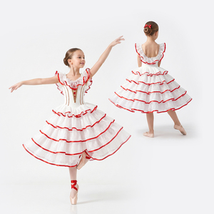 Girls White Red Romantic Ballet Tutu Don Quixote Kitri Spanish <b>Dance</b> Costume Ruffle Sleeve Stage Performance Wear - Product Image 2