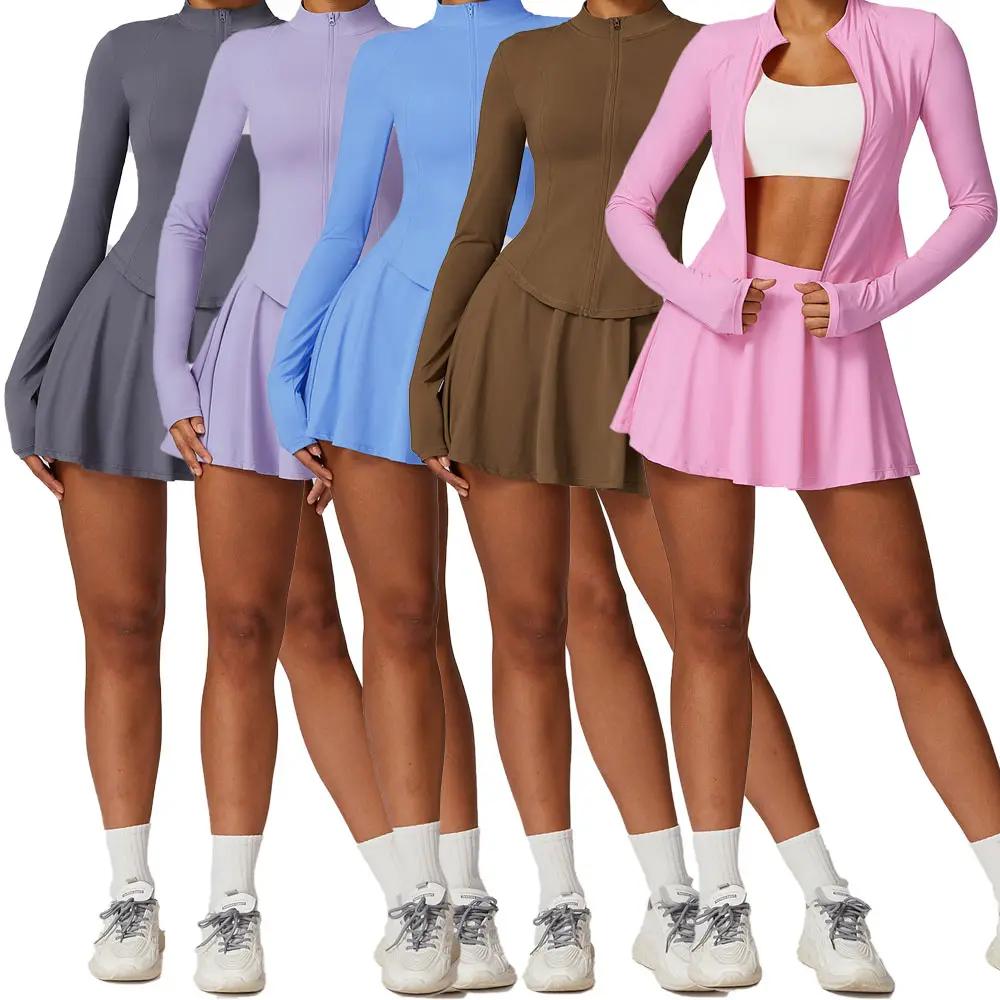 קיץ חיצוני הגנת UV מעיל ספורט שרוולים ארוכים טופ יוגה ייבוש מהיר שני חלקים חצאית מיני טניס לנשים