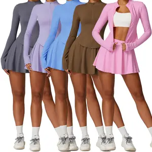 Veste de sport d'été pour l'extérieur avec protection contre les UV Top de yoga à manches longues, séchage rapide, deux pièces, mini jupe de tennis pour femmes