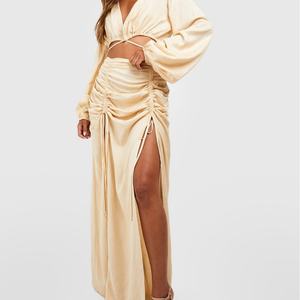 2025 New Design Women Clothing Highly Customized Linen Set <b>Long</b> Sleeves Top with High <b>Split</b> <b>Skirt</b> Lady Two Piece Sets - Product Image 3