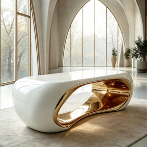 Tavolino da Caffè Curvo in Fibra di Vetro con Cornice Bianca Lucida e Dettagli Oro per Interni di Casa Contemporanea di Alta Gamma - Product Image 6