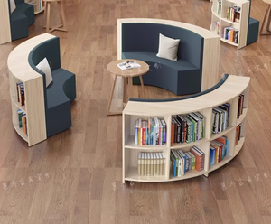 Estantería de biblioteca de madera moderna personalizada, sofá de esquina de lectura escolar, área de descanso de combinación curva integrada - Product Image 4