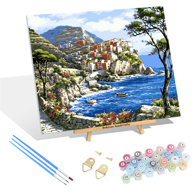 European Style Coastal Villas Diy Digital Painting by Numbers Seascape Canvas Painting for Living Room
