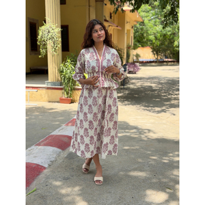 Hand <b>Block</b> <b>Printed</b> White and Purple Elasticated Long Dress for Women – Boho Cotton Maxi Dress, Elegant Ethnic Summer Wear - Product Image 2