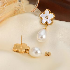 18K PVD Gold Stainless Steel Clover Teardrop Pearl Jewelry <b>Set</b> <b>Bangle</b> Bracelet Dangle Earrings | Waterproof Hypoallergenic - Product Image 3