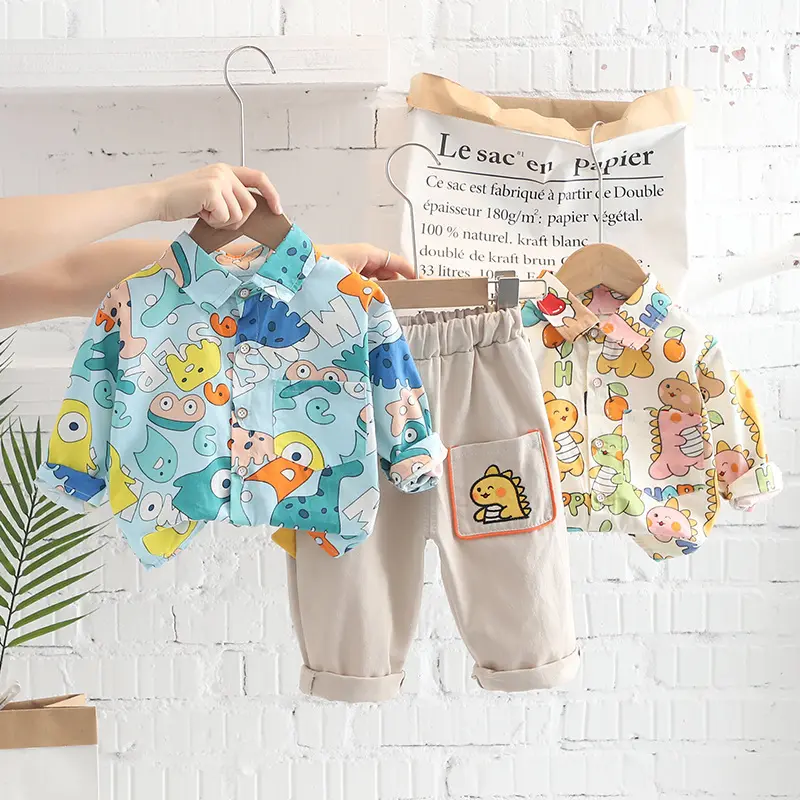 Outono Novo Conjunto Infantil Dinossauro Dos Desenhos Animados Camisa Duas Peças Conjunto