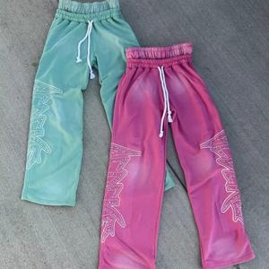 Pantalons de jogging pour hommes surdimensionnés à taille élastique, imprimés à l'écran personnalisés, avec strass, jambes larges, effet délavé au soleil, vente en gros - Product Image 1