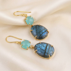 Natural Labradorite Chalcedony Drop <b>Earrings</b> Brass 18k Gold Plated Hexagon & Egg Shape Gemstone <b>Earring</b> Women Fashion Jewelry - Product Image 3