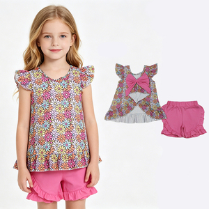 Toddler Girls Floral Short Set, Floral Print <b>Flutter</b> <b>Sleeve</b> <b>Top</b> with Pink Ruffle Shorts, Kids Summer Casual Outfit - Product Image 1