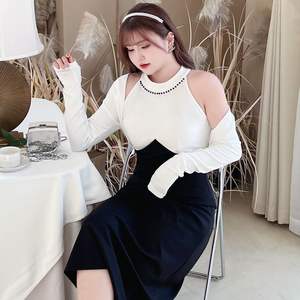 Vestido midi Runqi N8696 con cuello halter, bloques de color, cintura imperio, línea A, contraste blanco y negro, vestido de noche para mujer - Product Image 3