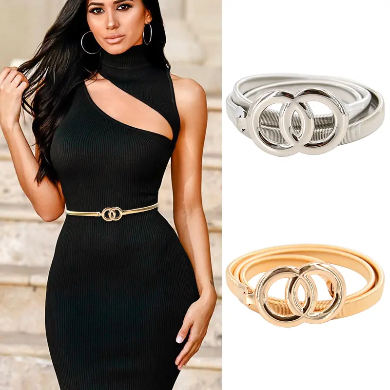 New Double Ring Belt Gold Silver Stretch Elastic Waist Belts for Women Metal Plate Female Lady Dress Waistband ceinture femme