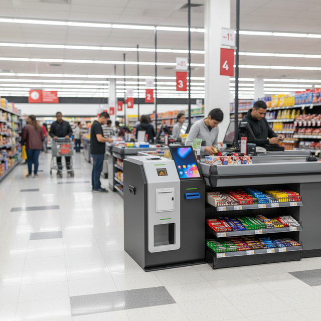 Desk Top Self Cash Coin Checkout Kiosk 15.6" Capacitive Touch Screen Facial Recognition Barcode Reader SDK Multi-OS Payment