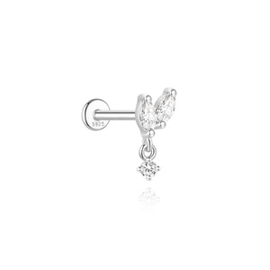 Pendiente de plata 925 con moissanita marquesa y flecos delicados, tipo piercing de cartílago con parte trasera plana - Product Image 1