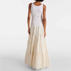 Fabricantes de ropa Personalizados Primavera Verano Otoño Casual Blanco Cuello redondo Sin mangas Plisado Escalonado <span class=keywords><strong>Pozas</strong></span> Vestido de lino escalonado - Product Image 2