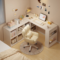 Escritorio Multifuncional en Forma de L, Estilo Crema, de MDF, con Gabinete de Almacenamiento y Estantería para Computadora y Maquillaje, para Dormitorio de Niñas