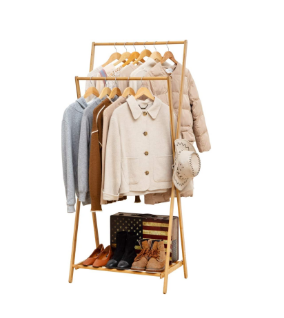 Бамбуковая вешалка для одежды, пальто, одежды, сверхпрочная Складная Компактная стойка с 2 верхними штангами и нижними башмаками для хранения одежды