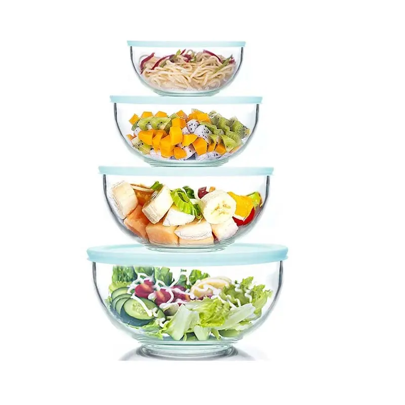 Groothandel Helder Glas Mengkom Met Deksel, Hittebestendige Hoge Borosilicaatglas Saladekommen Voor Plantaardig Fruit