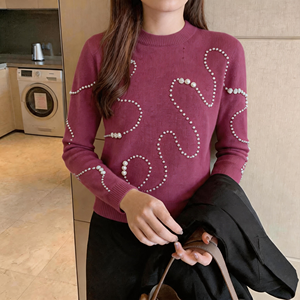 <span class=keywords><strong>Pull</strong></span> en tricot à col rond personnalisé, rose fuchsia, orné de perles irrégulières et de motifs floraux, <span class=keywords><strong>pull</strong></span> en tricot décontracté pour femmes - Product Image 1