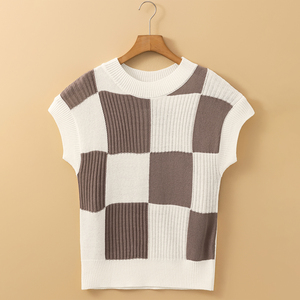 Dear-Lover <strong>Wholesale</strong> Fast Shipping Winter Pullover Checkered Color Block Crew Neck Short Sleeve Knitted <strong>Sweater</strong> - Product Image 3